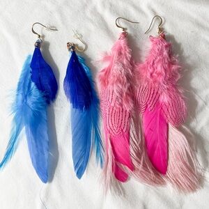 Real feather earrings 5” pierced Ears pink blue White